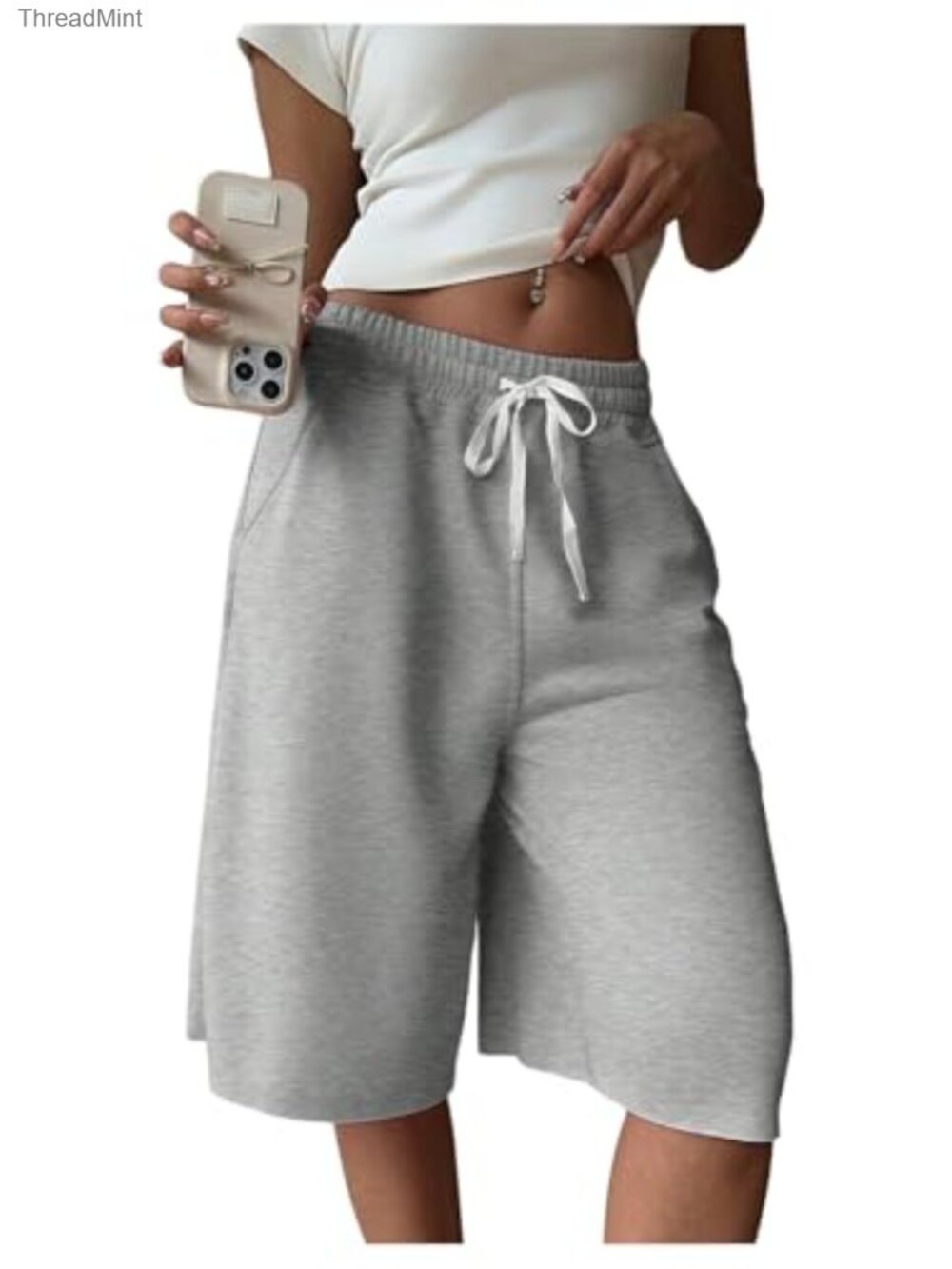 Women's Wide Leg Knee Length Bermuda Shorts with Pockets Drawstring